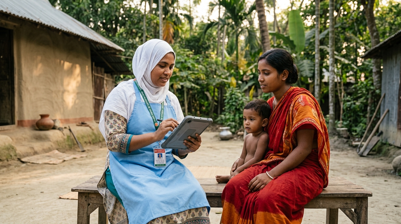 A community healthcare worker conducting a mass medical survey on a digital tablet in rural Bangladesh