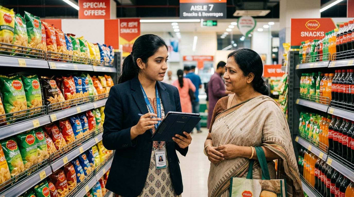 A market researcher conducting a consumer product demand survey in a supermarket on a tablet in Bangladesh