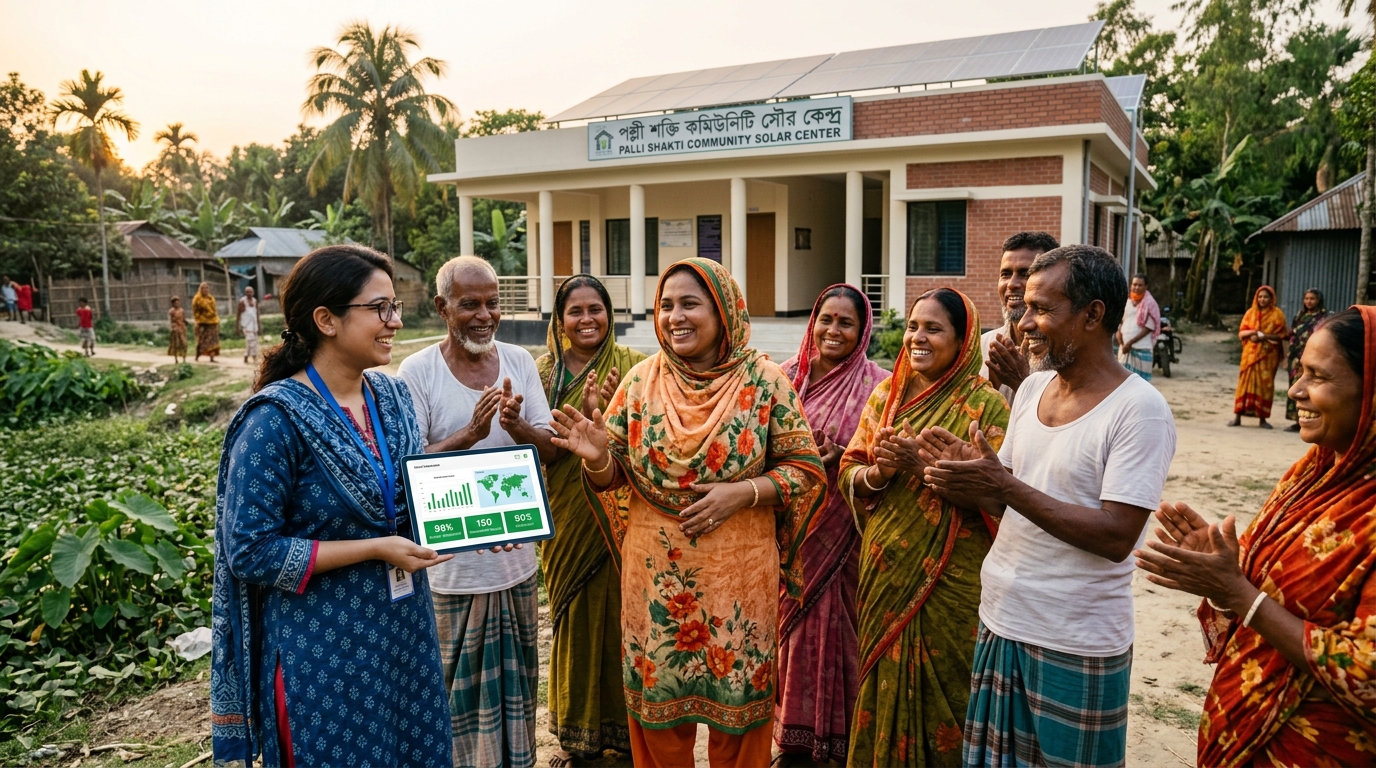 A researcher and community leader outside a solar centre