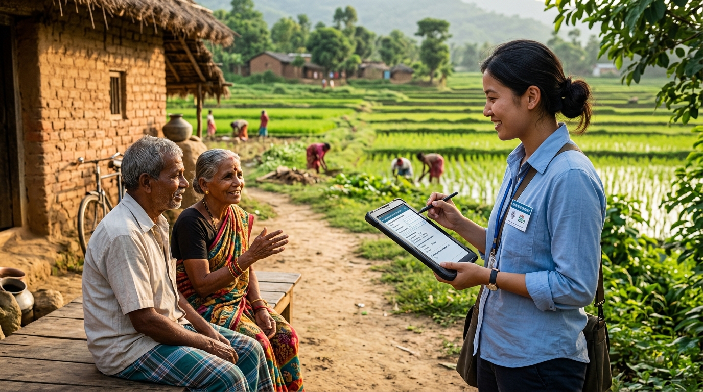 An enumerator interviewing a family beside a rice field on a tablet