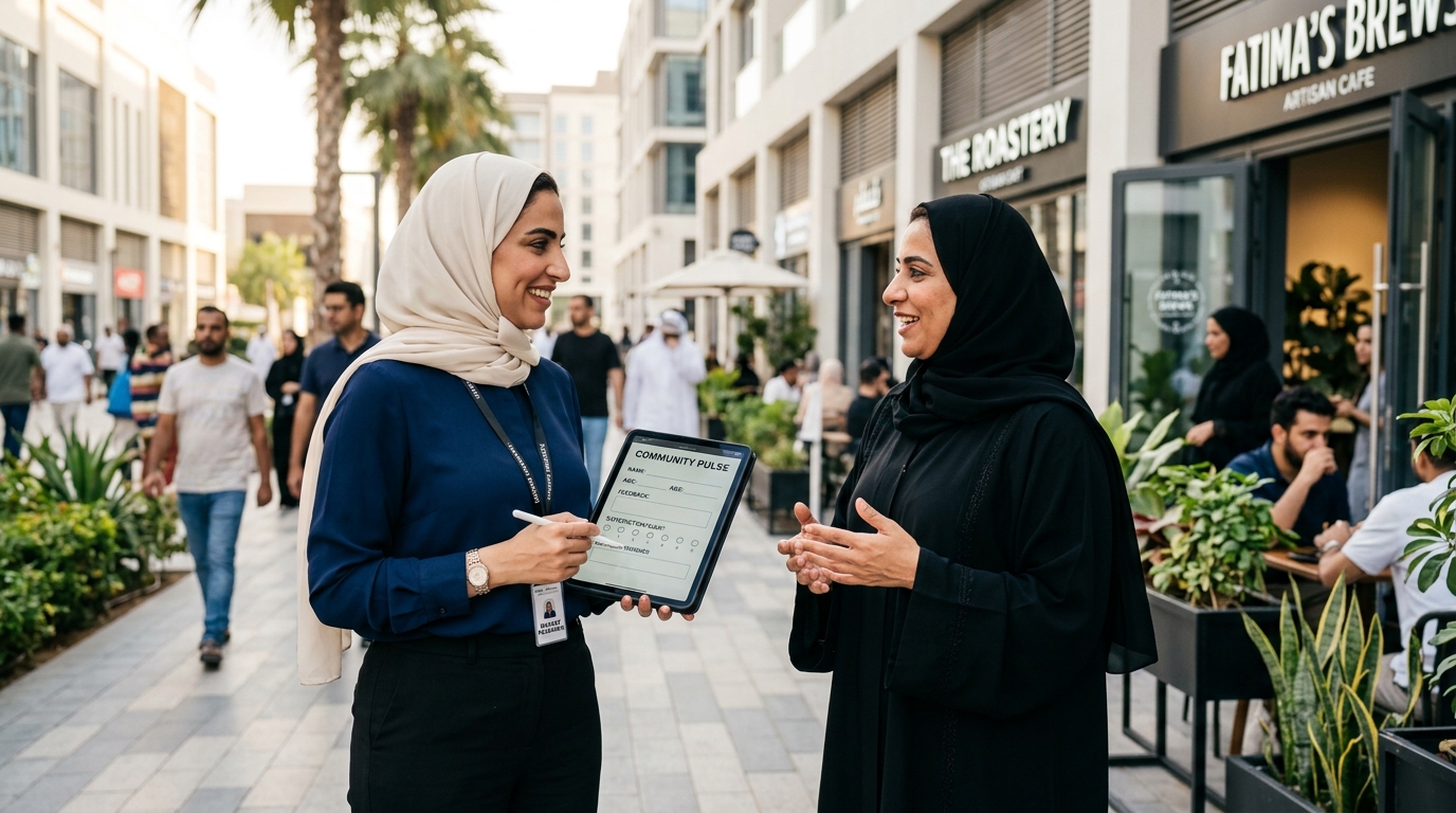 A researcher speaking with a shopper in a retail street